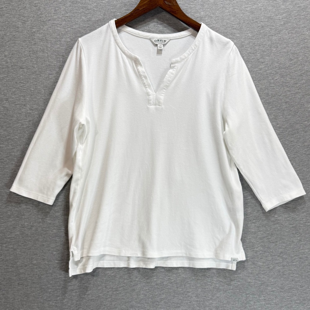 Orvis Split Neck Top Womens Large White Pima Cotton 3/4 Sleeve Tee Minimalist